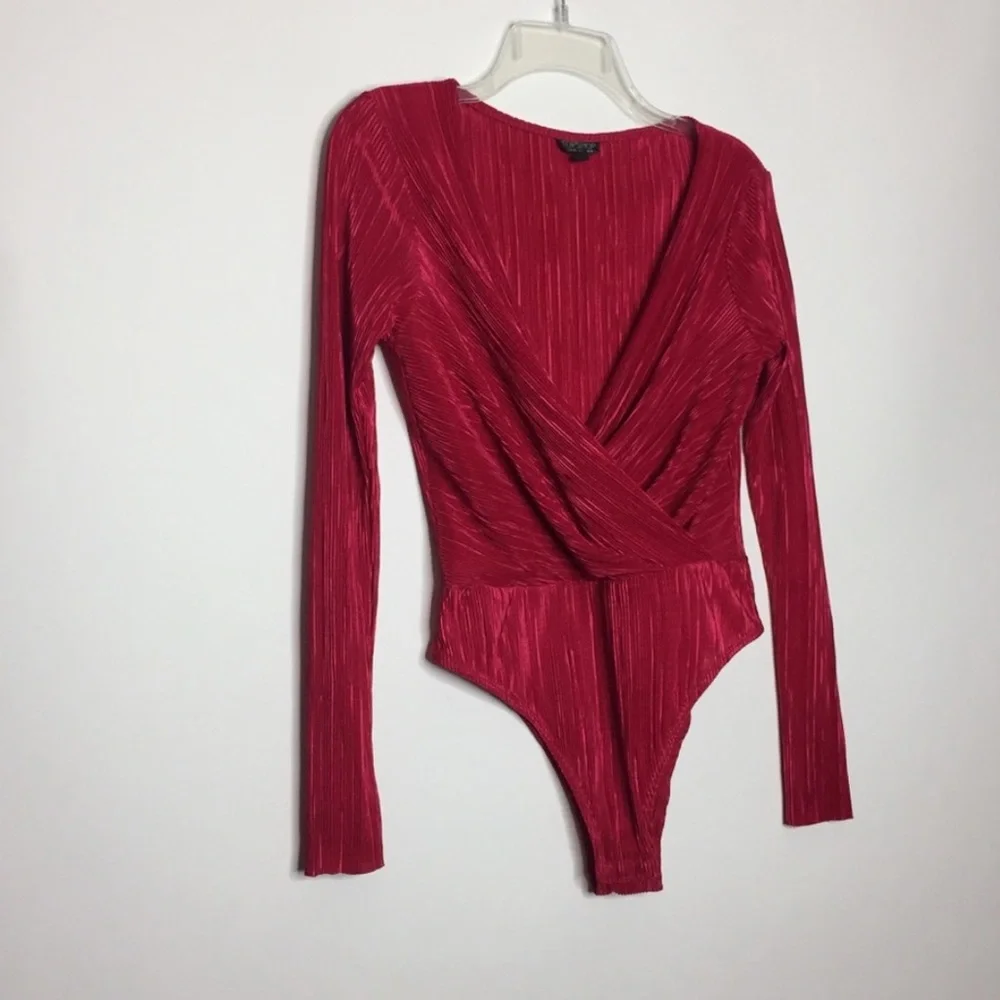 Topshop Plissé Faux Wrap Long Sleeve Bodysuit Pink Size 4 - Picture 12 of 13